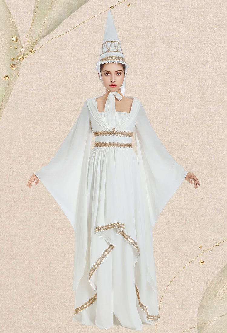 Medieval Princess White Gown Renaissance Costume Maxi Dress with Gold Lace and Pointed Hennin Hat