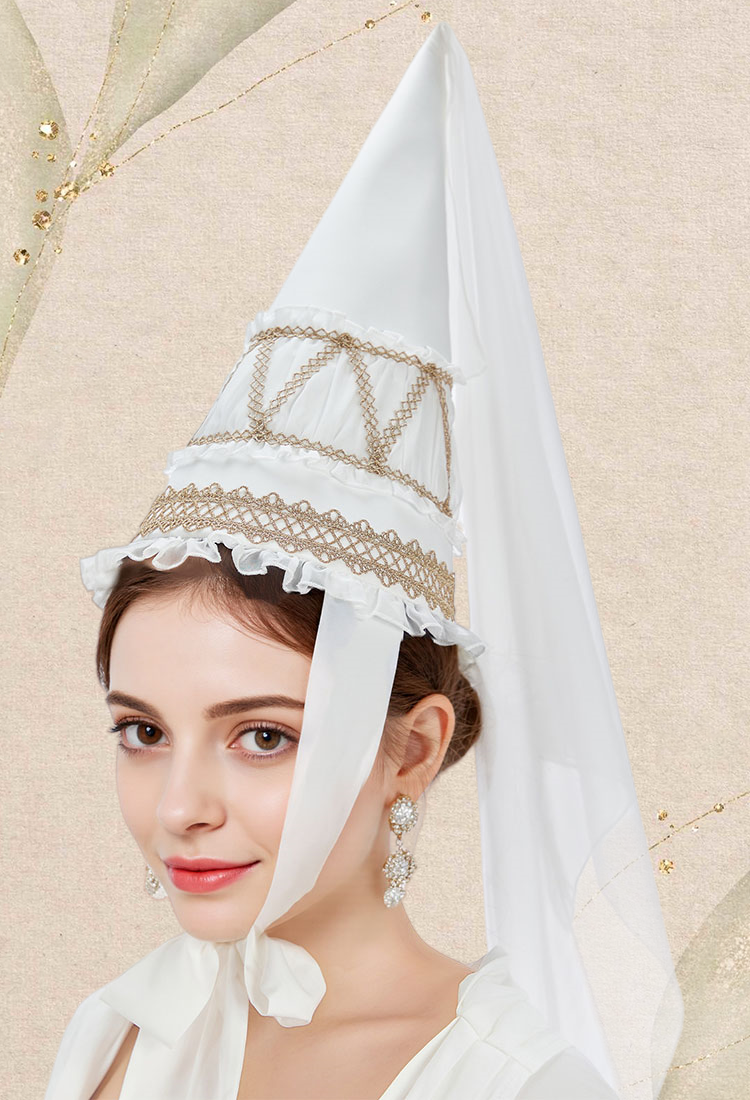 Medieval Princess White Gown Renaissance Costume Maxi Dress with Gold Lace and Pointed Hennin Hat