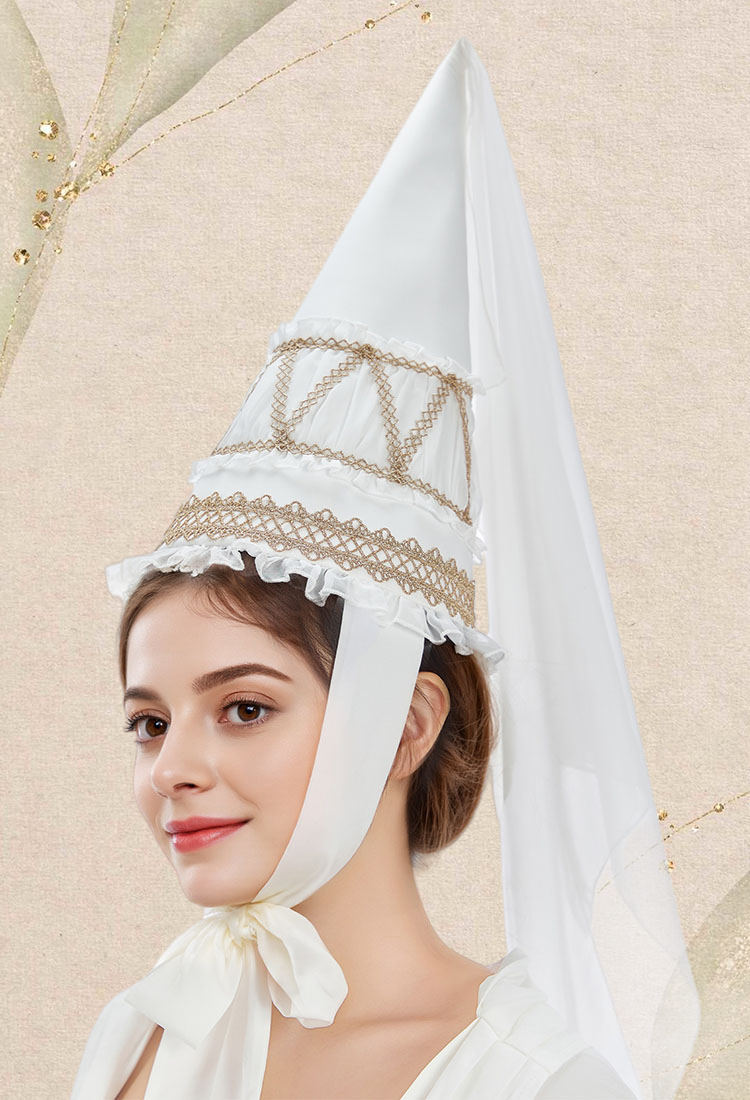 Medieval Princess White Gown Renaissance Costume Maxi Dress with Gold Lace and Pointed Hennin Hat