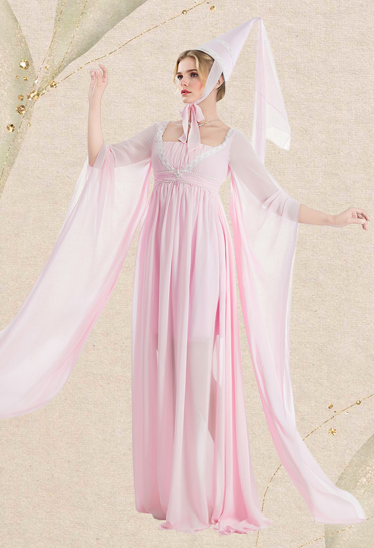 Medieval Princess Dress Renaissance Costume Pink Satin Gown with Hat