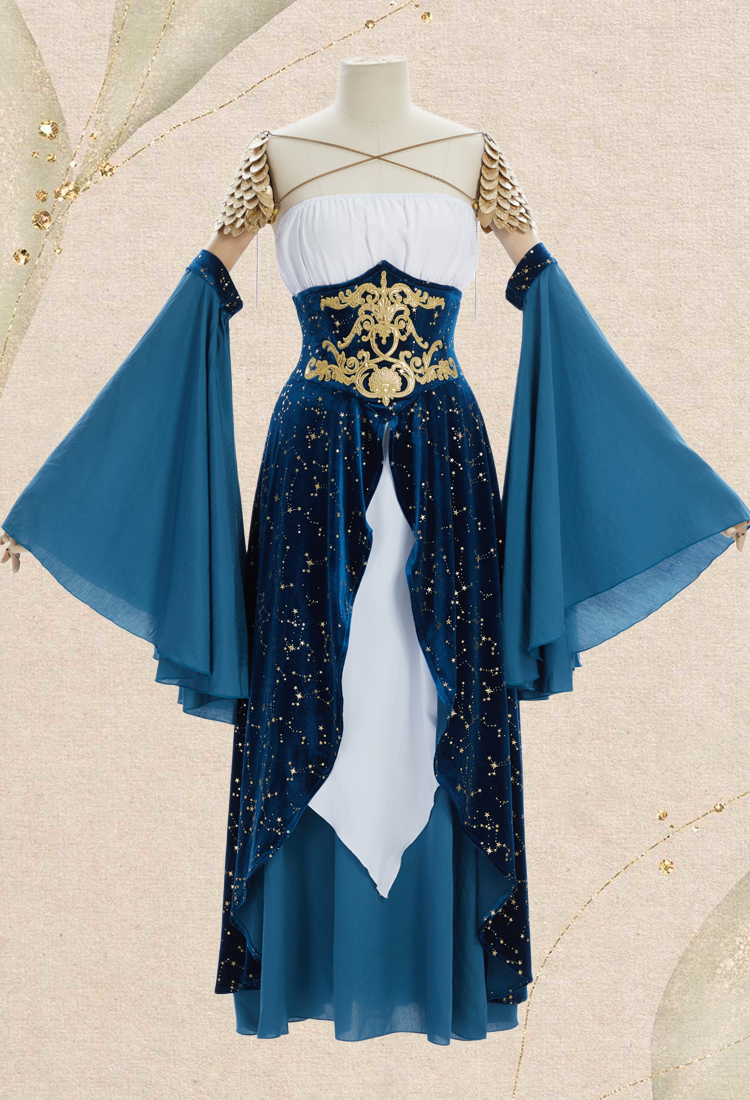 Medieval Magical Starry Sky Elf Dress Strapless Inner Dress and Corseted Skirt with Shoulder Armor and Sleeves