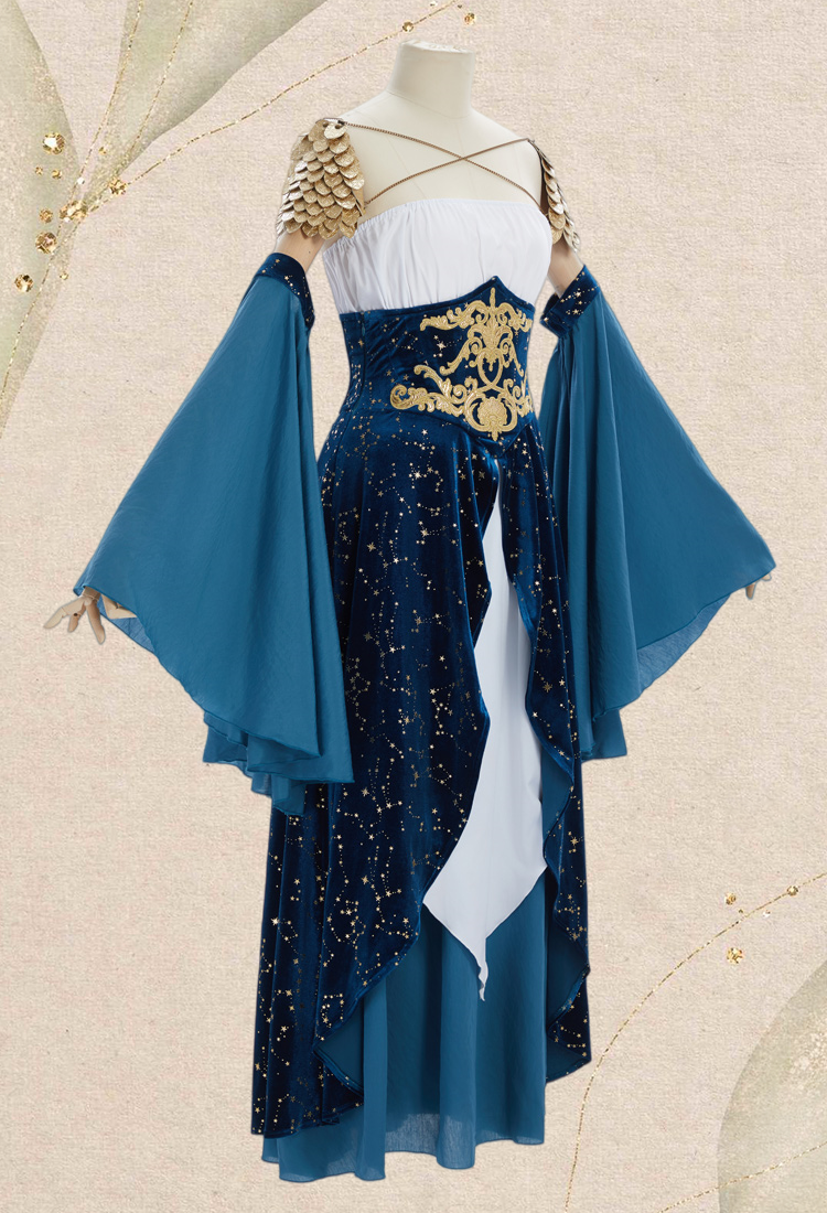 Medieval Magical Starry Sky Elf Dress Strapless Inner Dress and Corseted Skirt with Shoulder Armor and Sleeves