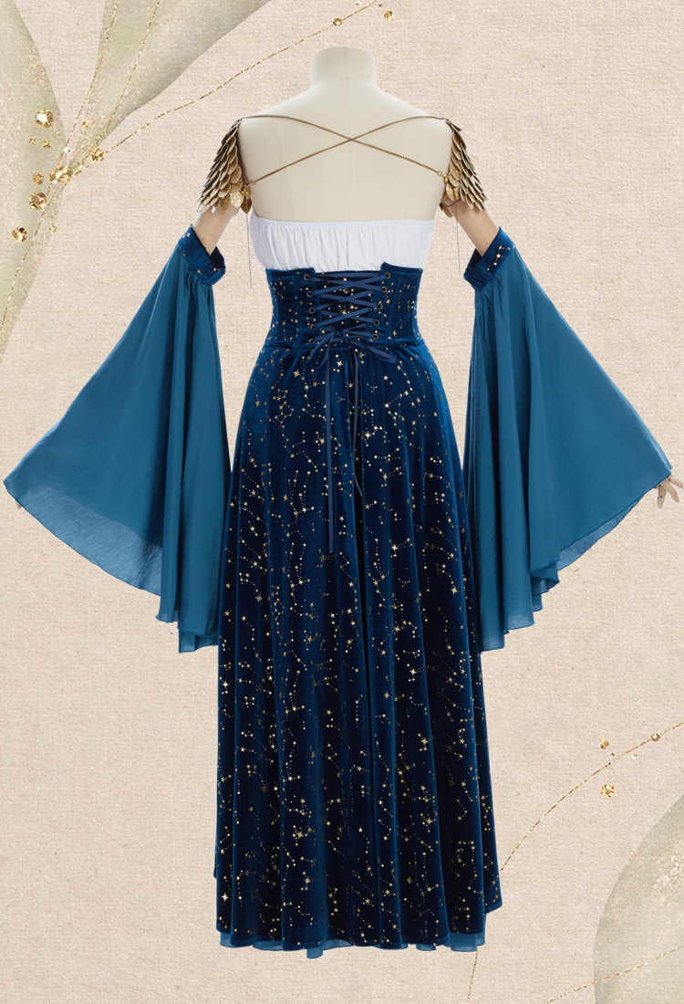 Medieval Magical Starry Sky Elf Dress Strapless Inner Dress and Corseted Skirt with Shoulder Armor and Sleeves