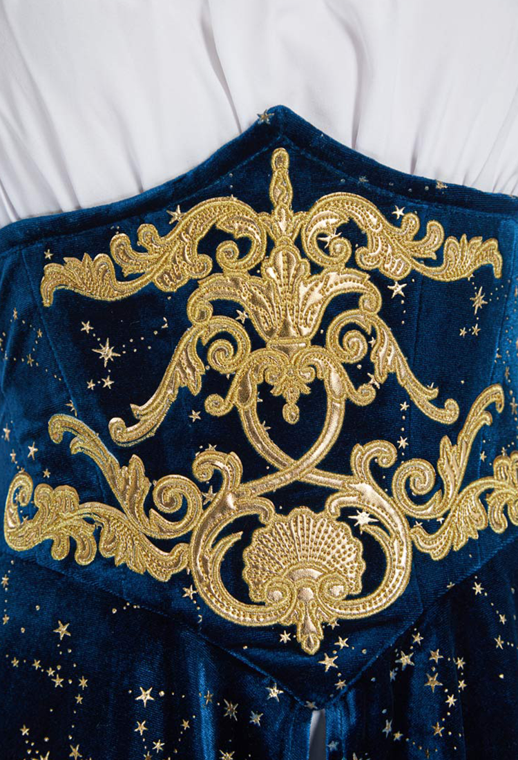 Medieval Magical Starry Sky Elf Dress Strapless Inner Dress and Corseted Skirt with Shoulder Armor and Sleeves