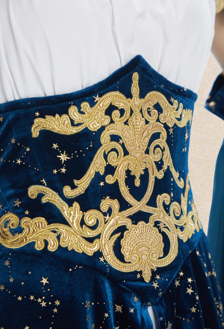 Medieval Magical Starry Sky Elf Dress Strapless Inner Dress and Corseted Skirt with Shoulder Armor and Sleeves
