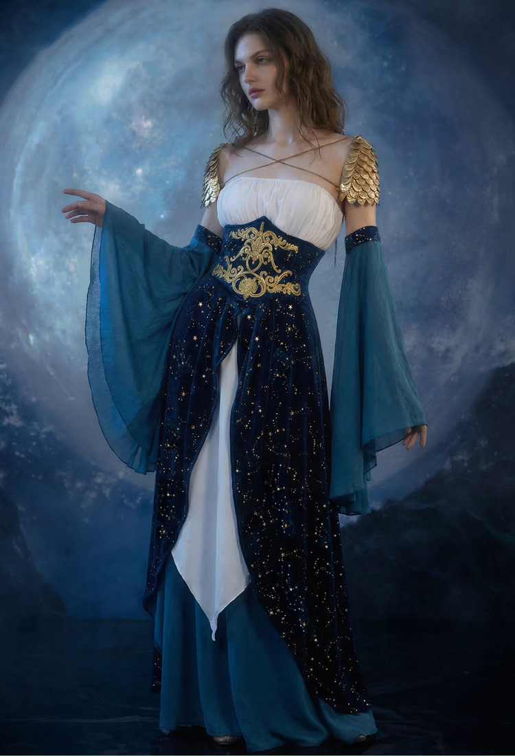 Medieval Magical Starry Sky Elf Dress Strapless Inner Dress and Corseted Skirt with Shoulder Armor and Sleeves