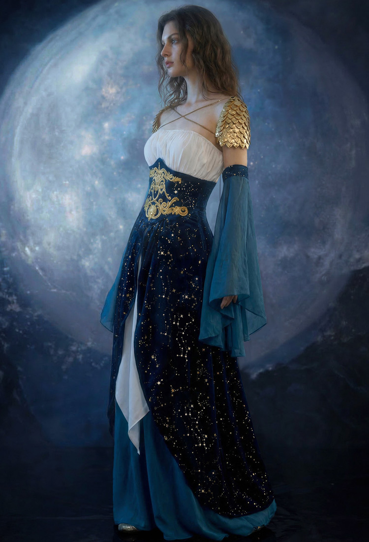 Medieval Magical Starry Sky Elf Dress Strapless Inner Dress and Corseted Skirt with Shoulder Armor and Sleeves