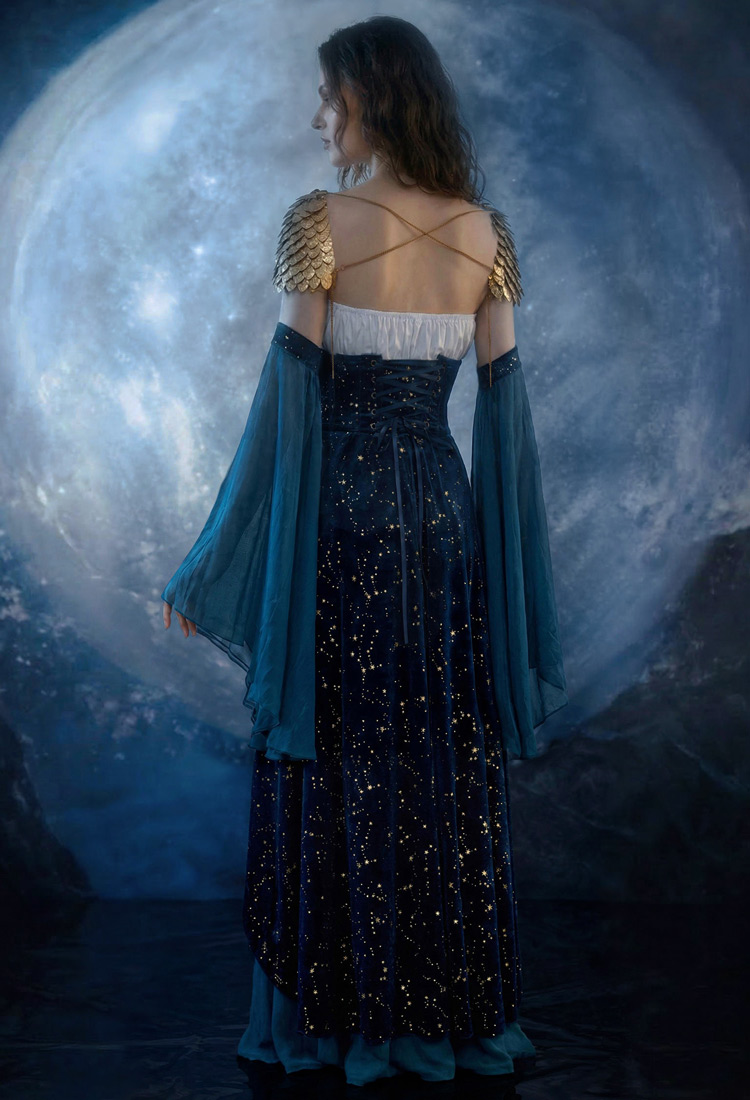 Medieval Magical Starry Sky Elf Dress Strapless Inner Dress and Corseted Skirt with Shoulder Armor and Sleeves