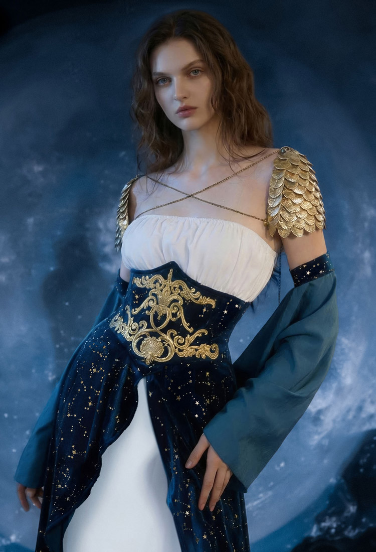 Medieval Magical Starry Sky Elf Dress Strapless Inner Dress and Corseted Skirt with Shoulder Armor and Sleeves