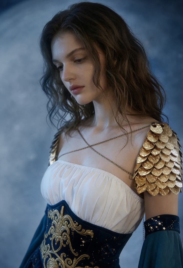 Medieval Magical Starry Sky Elf Dress Strapless Inner Dress and Corseted Skirt with Shoulder Armor and Sleeves