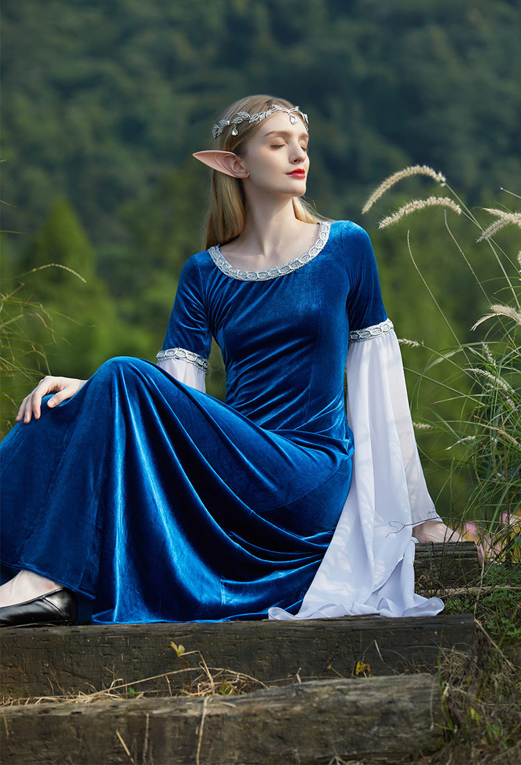 Renaissance Medieval Dress Handmade Vintage Forest Fairy Elf Velvet Back Lace-up Evening Dress Cosplay Costume