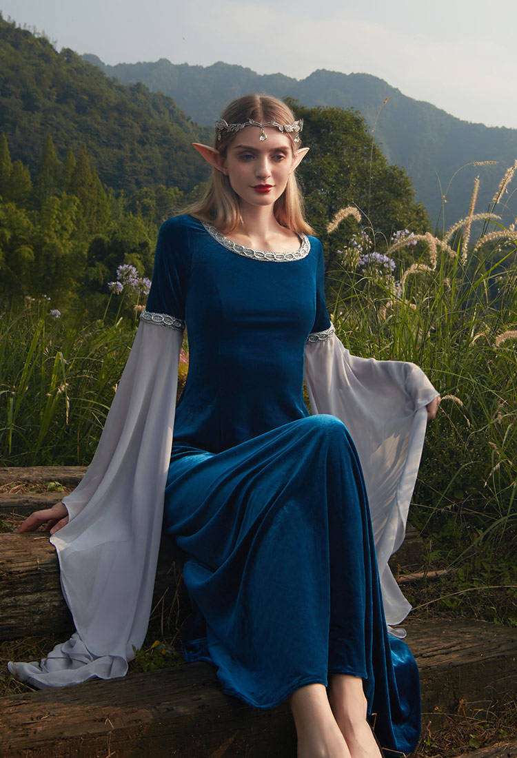 Renaissance Medieval Dress Handmade Vintage Forest Fairy Elf Velvet Back Lace-up Evening Dress Cosplay Costume