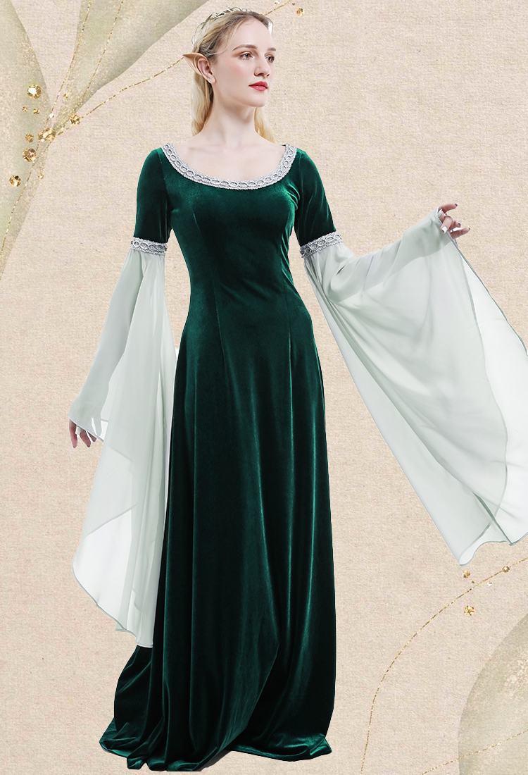 Medieval Costume Historical Dress Retro Fairy Elf Dark Green Velvet Gown with Chiffon Sleeves