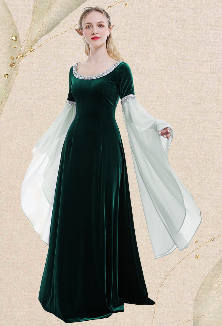 Medieval Costume Historical Dress Retro Fairy Elf Dark Green Velvet Gown with Chiffon Sleeves
