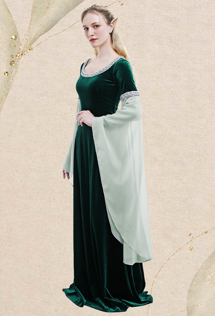 Medieval Costume Historical Dress Retro Fairy Elf Dark Green Velvet Gown with Chiffon Sleeves