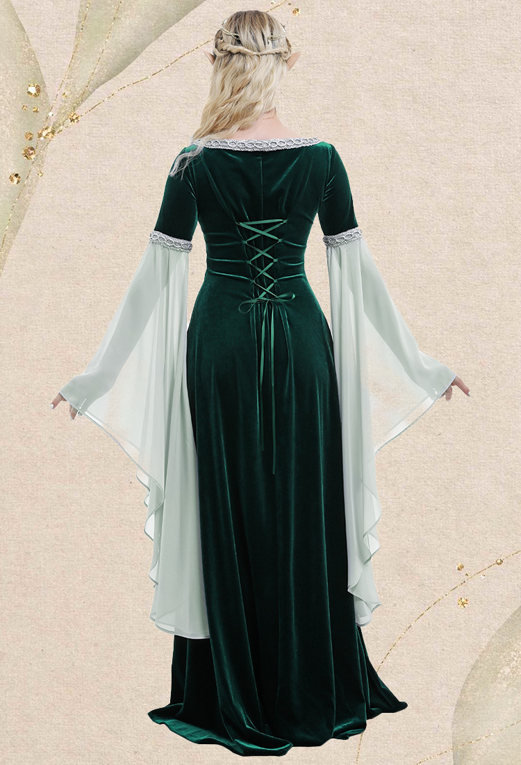 Medieval Costume Historical Dress Retro Fairy Elf Dark Green Velvet Gown with Chiffon Sleeves