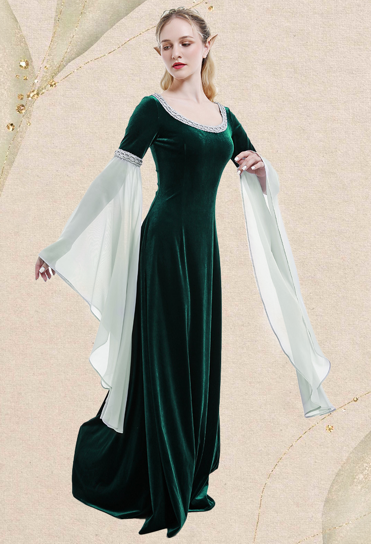 Medieval Costume Historical Dress Retro Fairy Elf Dark Green Velvet Gown with Chiffon Sleeves