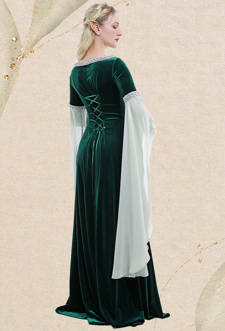 Medieval Costume Historical Dress Retro Fairy Elf Dark Green Velvet Gown with Chiffon Sleeves