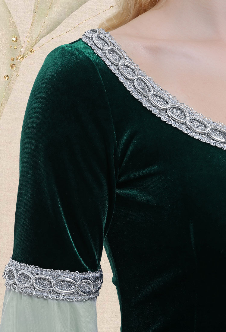 Medieval Costume Historical Dress Retro Fairy Elf Dark Green Velvet Gown with Chiffon Sleeves