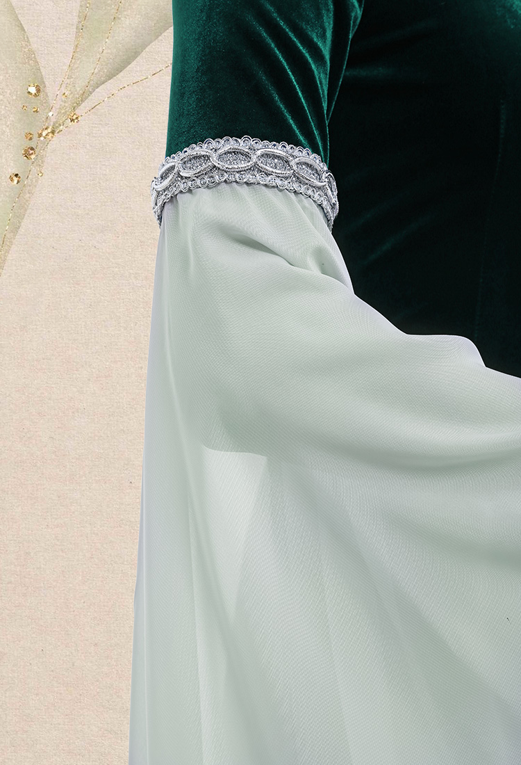 Medieval Costume Historical Dress Retro Fairy Elf Dark Green Velvet Gown with Chiffon Sleeves