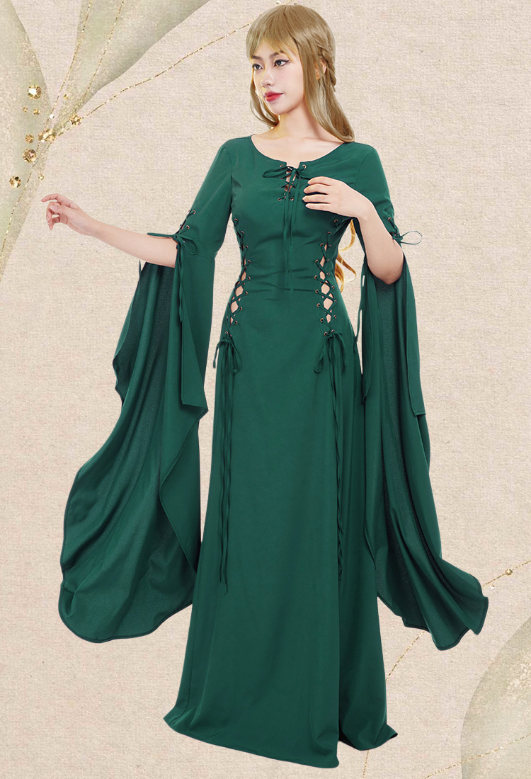 Medieval Renaissance Dress Lace-up Vintage Wedding Dress with Long Trailing Sleeves