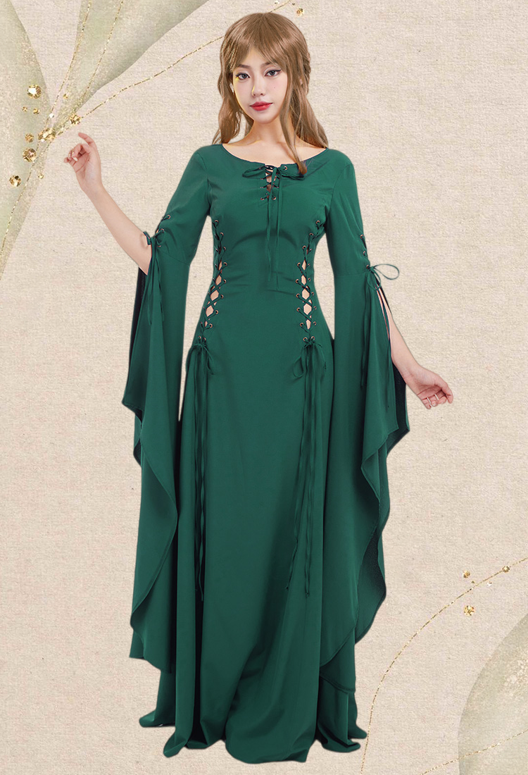 Medieval Renaissance Dress Lace-up Vintage Wedding Dress with Long Trailing Sleeves