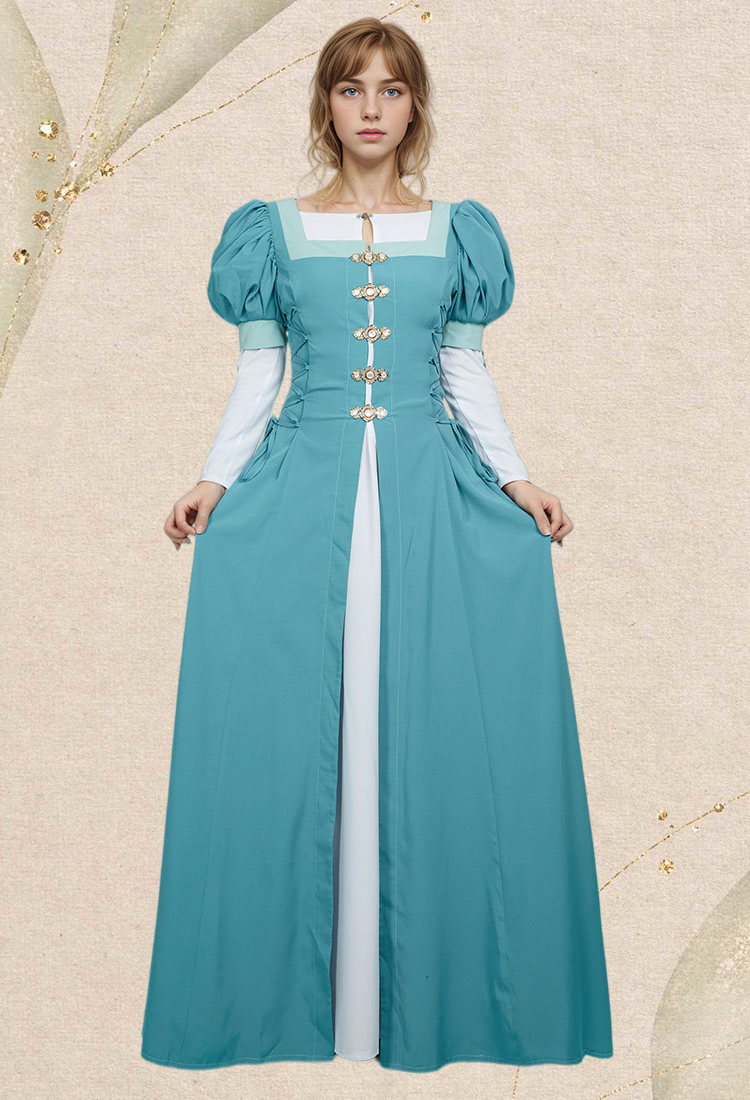 Medieval Renaissance Costume Vintage Retro Puff Sleeves Fake Two Piece Dress