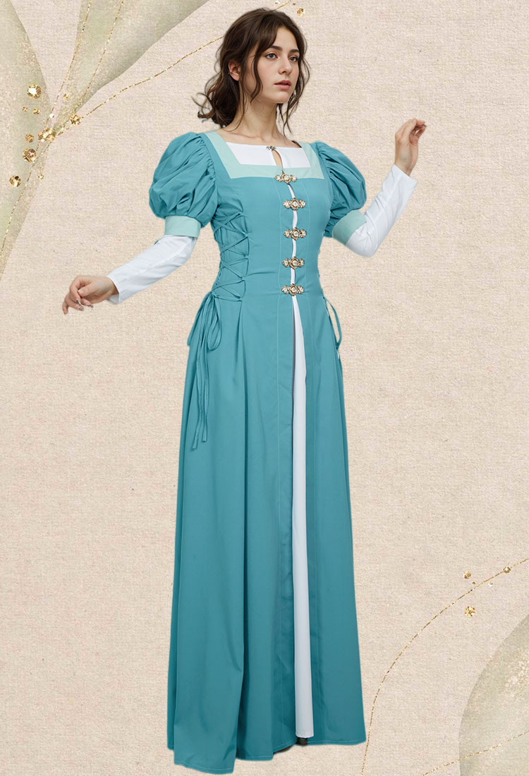 Medieval Renaissance Costume Vintage Retro Puff Sleeves Fake Two Piece Dress