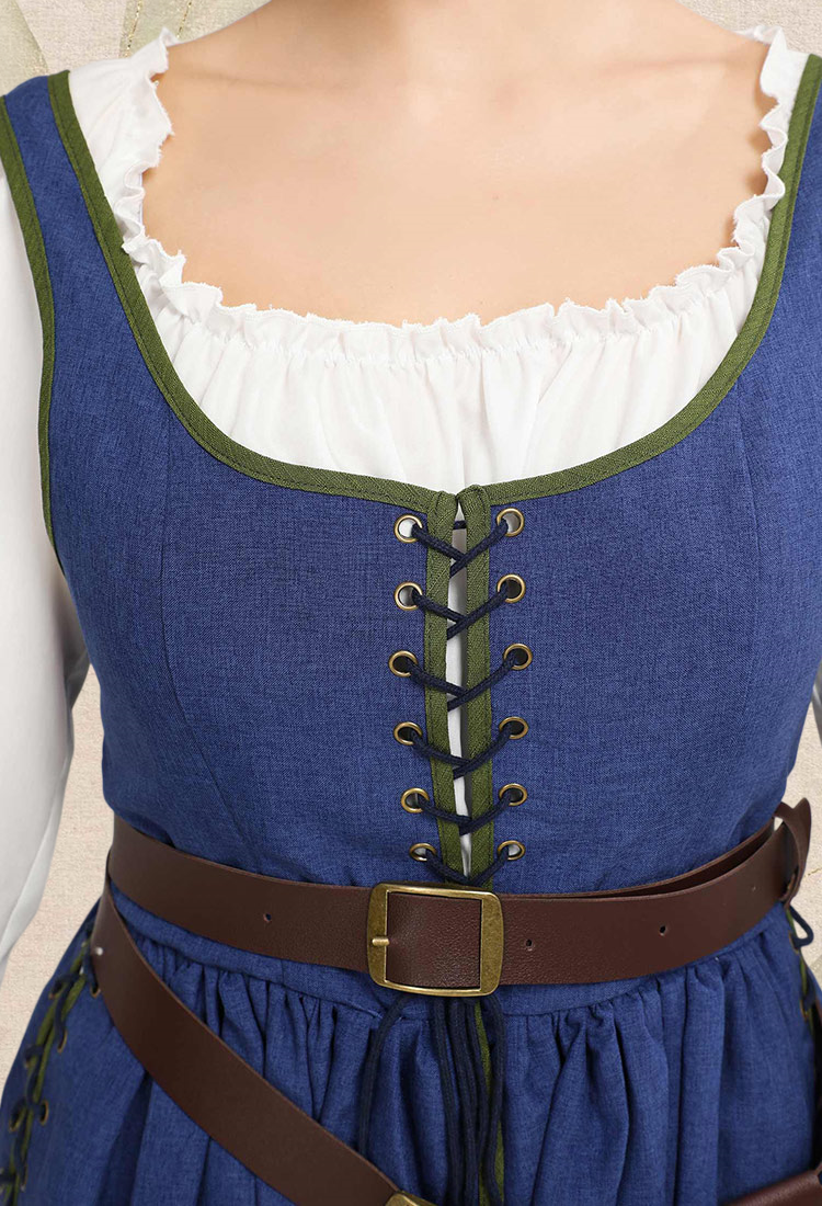 Medieval Renaissance Dress Vintage Long Dress with Belt and Waist Bag Cosplay Costume