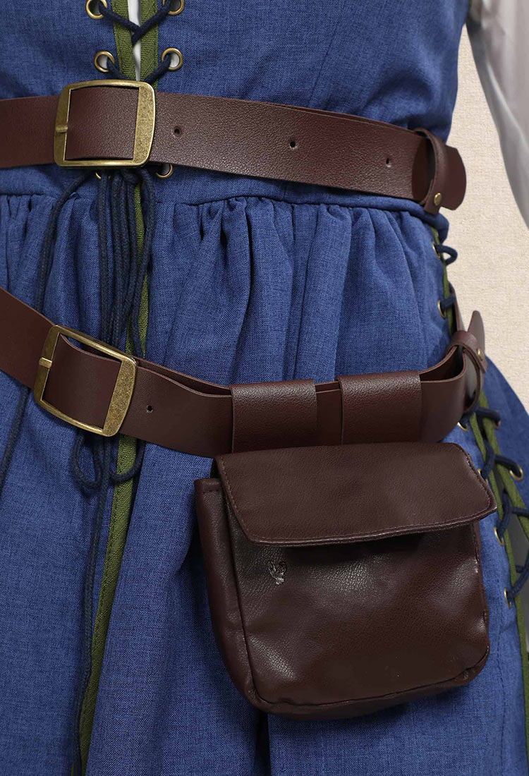 Medieval Renaissance Dress Vintage Long Dress with Belt and Waist Bag Cosplay Costume