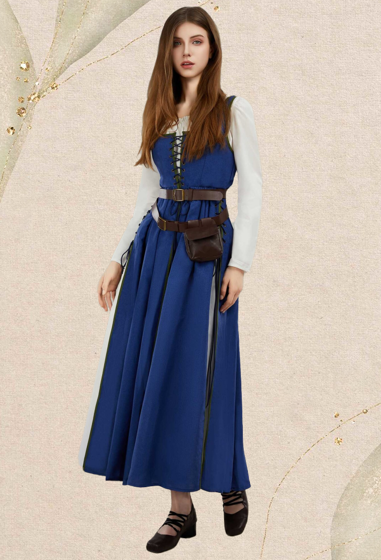 Medieval Renaissance Dress Vintage Long Dress with Belt and Waist Bag Cosplay Costume