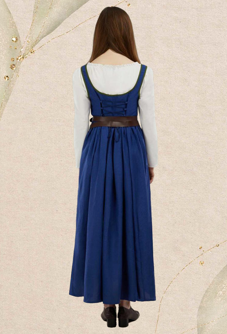 Medieval Renaissance Dress Vintage Long Dress with Belt and Waist Bag Cosplay Costume