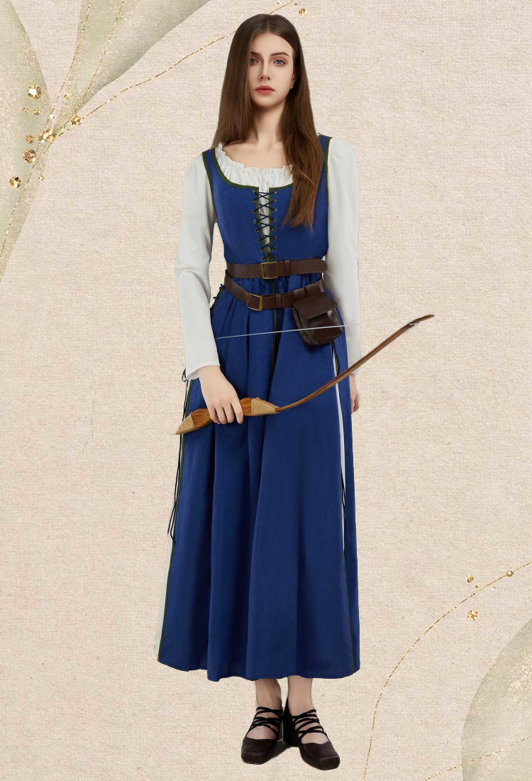 Medieval Renaissance Dress Vintage Long Dress with Belt and Waist Bag Cosplay Costume