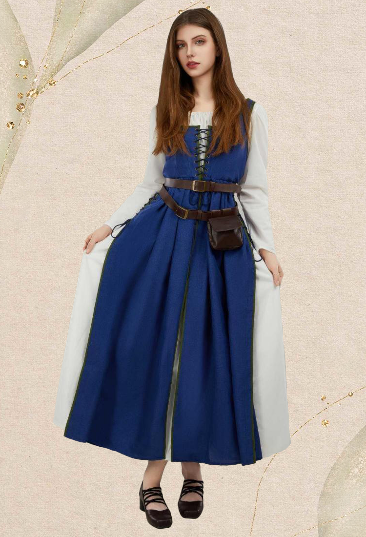 Medieval Renaissance Dress Vintage Long Dress with Belt and Waist Bag Cosplay Costume