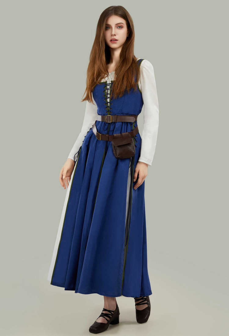 Medieval Renaissance Dress Vintage Long Dress with Belt and Waist Bag Cosplay Costume