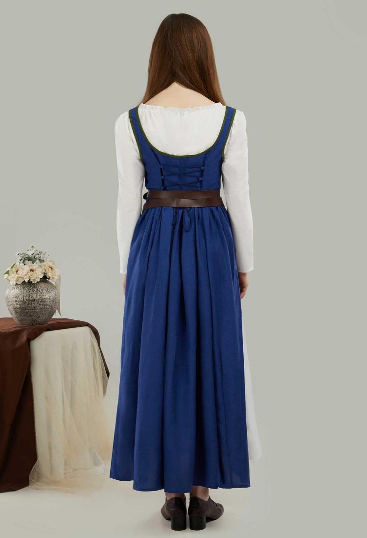 Medieval Renaissance Dress Vintage Long Dress with Belt and Waist Bag Cosplay Costume