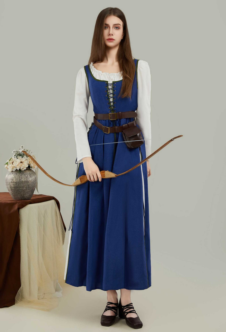 Medieval Renaissance Dress Vintage Long Dress with Belt and Waist Bag Cosplay Costume