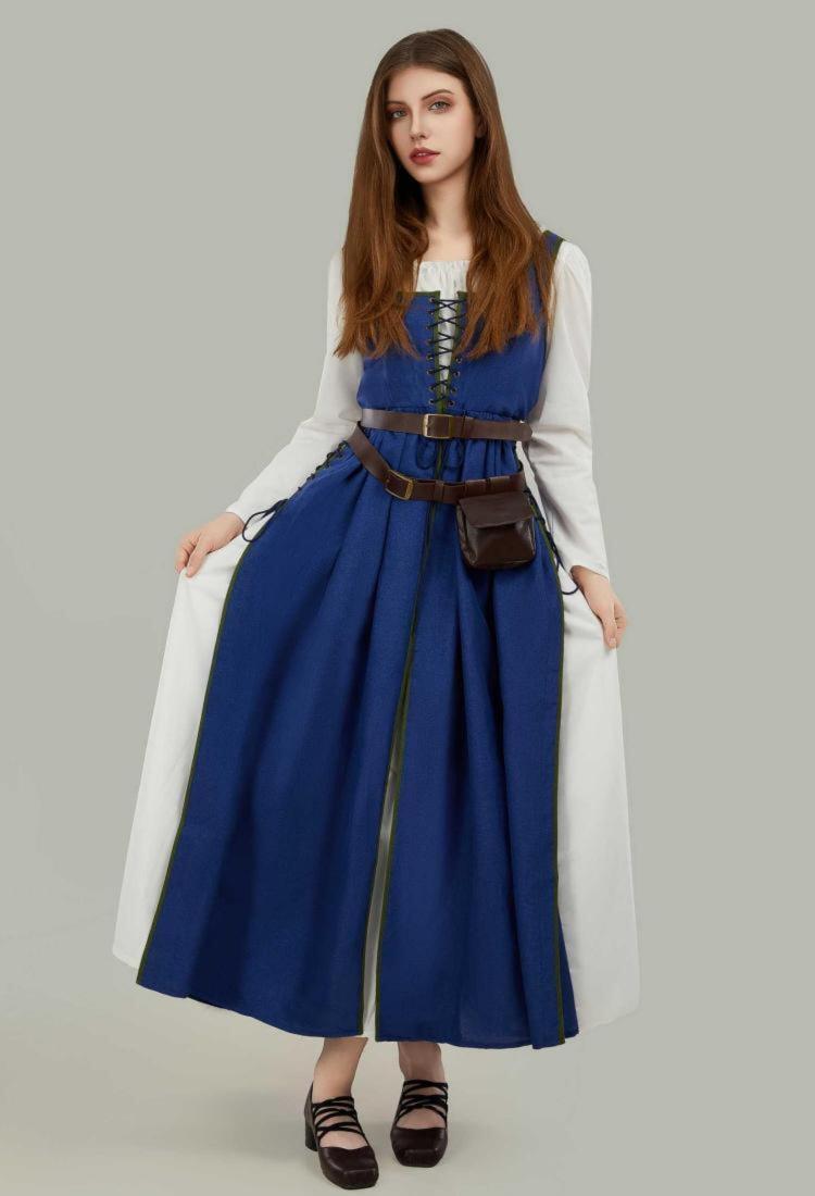 Medieval Renaissance Dress Vintage Long Dress with Belt and Waist Bag Cosplay Costume