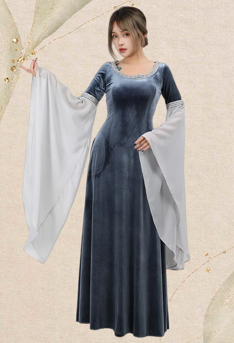 Medieval Dress Renaissance Vintage Retro Costume Fairy Elf Velvet Grey Evening Gown