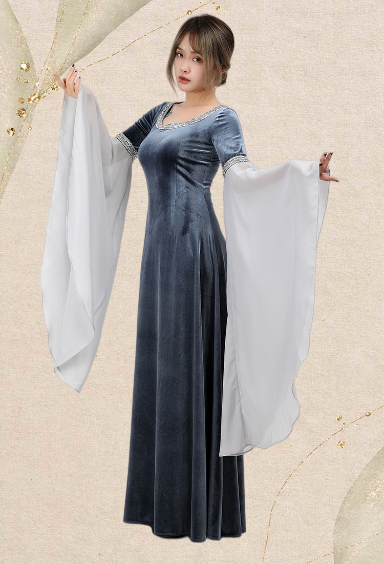 Medieval Dress Renaissance Vintage Retro Costume Fairy Elf Velvet Grey Evening Gown