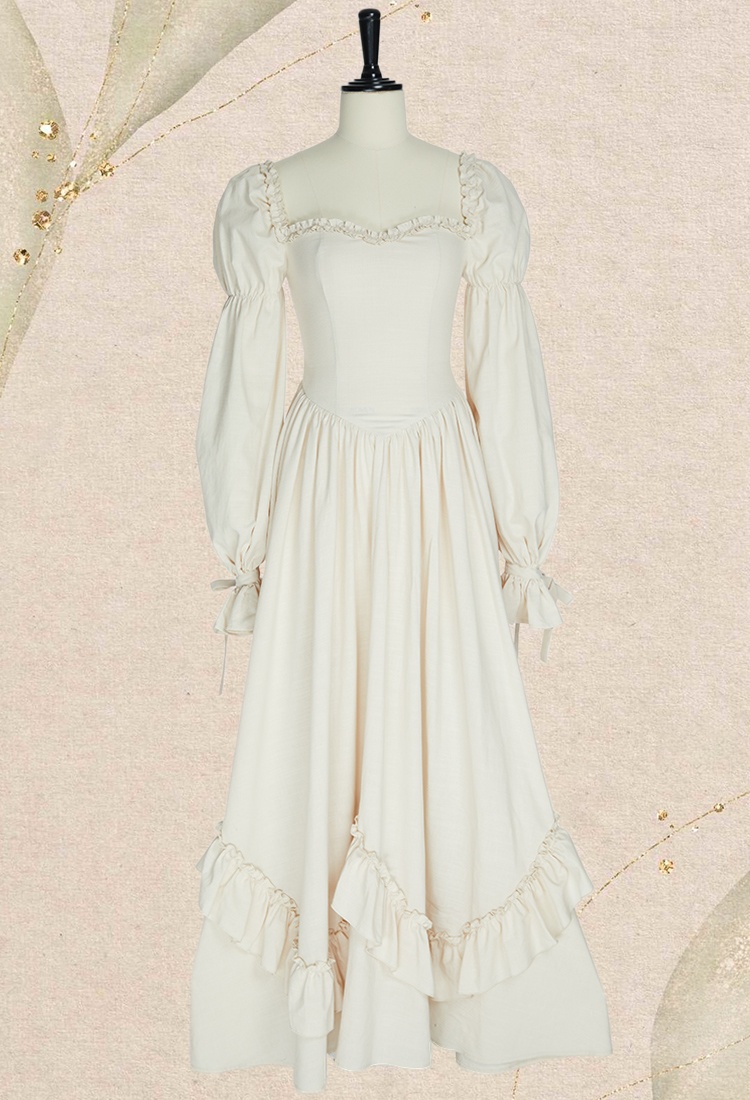 Medieval Renaissance Dress Princess Style White Long Sleeve Off Shoulder Dress with Ruffle Hem