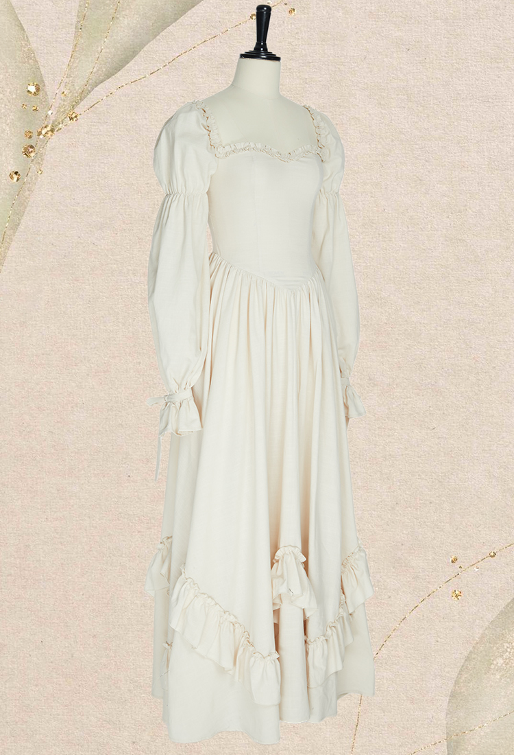 Medieval Renaissance Dress Princess Style White Long Sleeve Off Shoulder Dress with Ruffle Hem