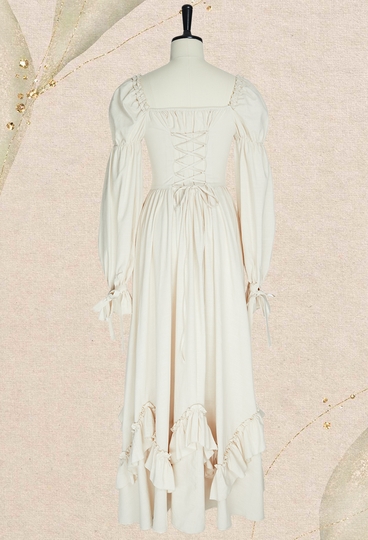 Medieval Renaissance Dress Princess Style White Long Sleeve Off Shoulder Dress with Ruffle Hem