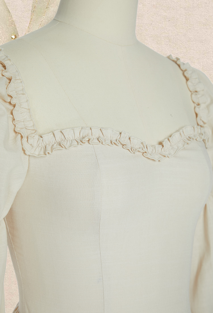 Medieval Renaissance Dress Princess Style White Long Sleeve Off Shoulder Dress with Ruffle Hem