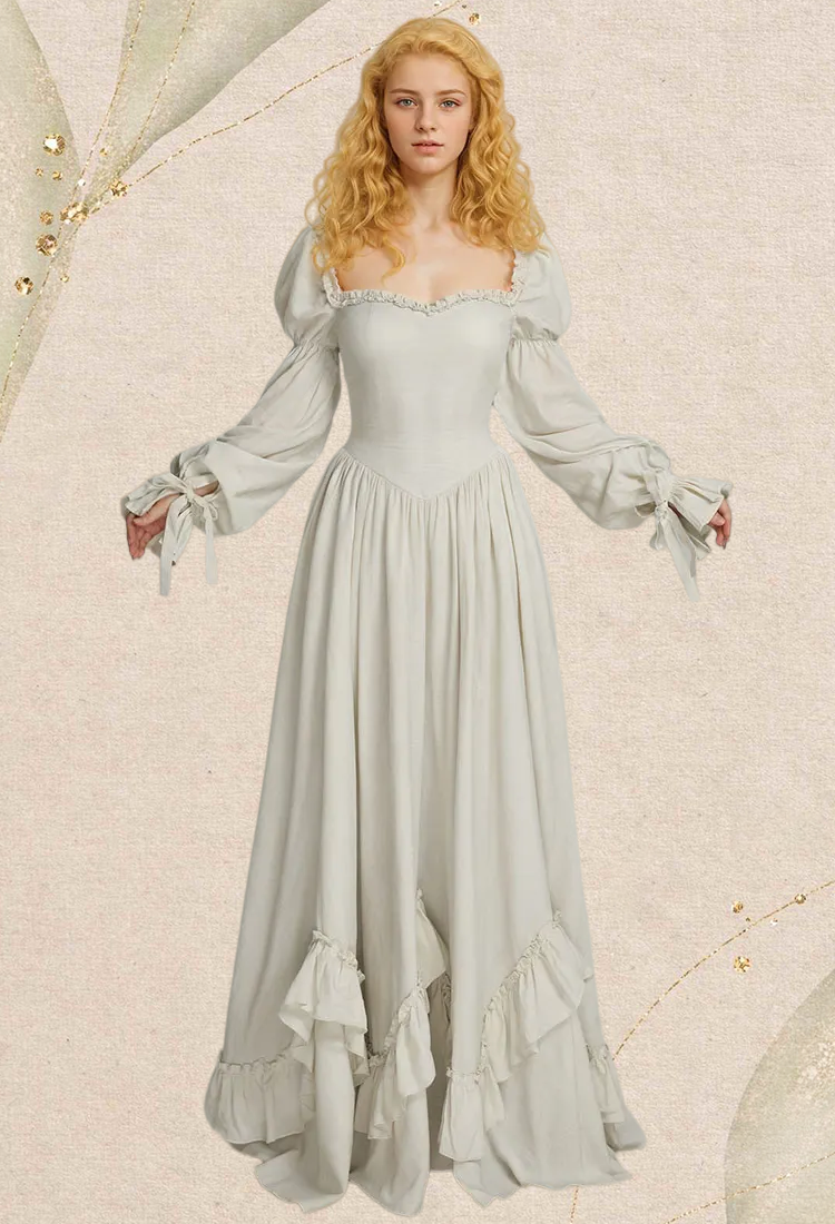 Medieval Renaissance Dress Princess Style White Long Sleeve Off Shoulder Dress with Ruffle Hem