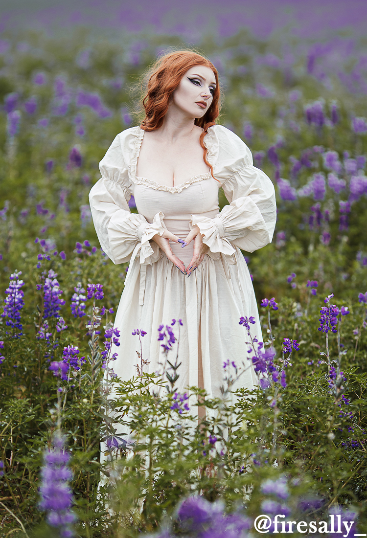 Medieval Renaissance Dress Princess Style White Long Sleeve Off Shoulder Dress with Ruffle Hem