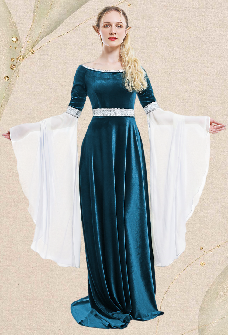 Renaissance Medieval Dress Handmade Vintage Forest Fairy Elf Velvet Blue Evening Dress Cosplay Costume