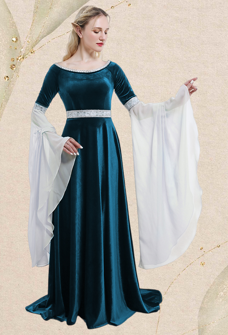 Renaissance Medieval Dress Handmade Vintage Forest Fairy Elf Velvet Blue Evening Dress Cosplay Costume