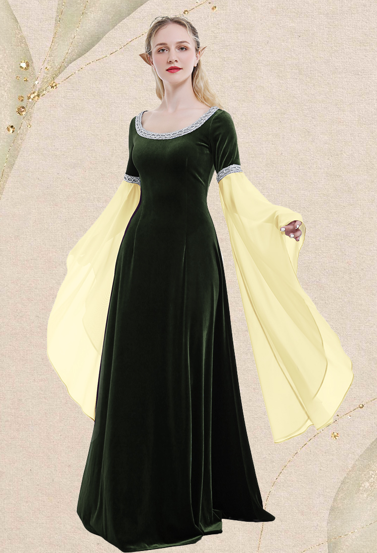 Renaissance Medieval Dress Handmade Vintage Forest Fairy Elf Velvet Back Lace-up Green Evening Dress Cosplay Costume