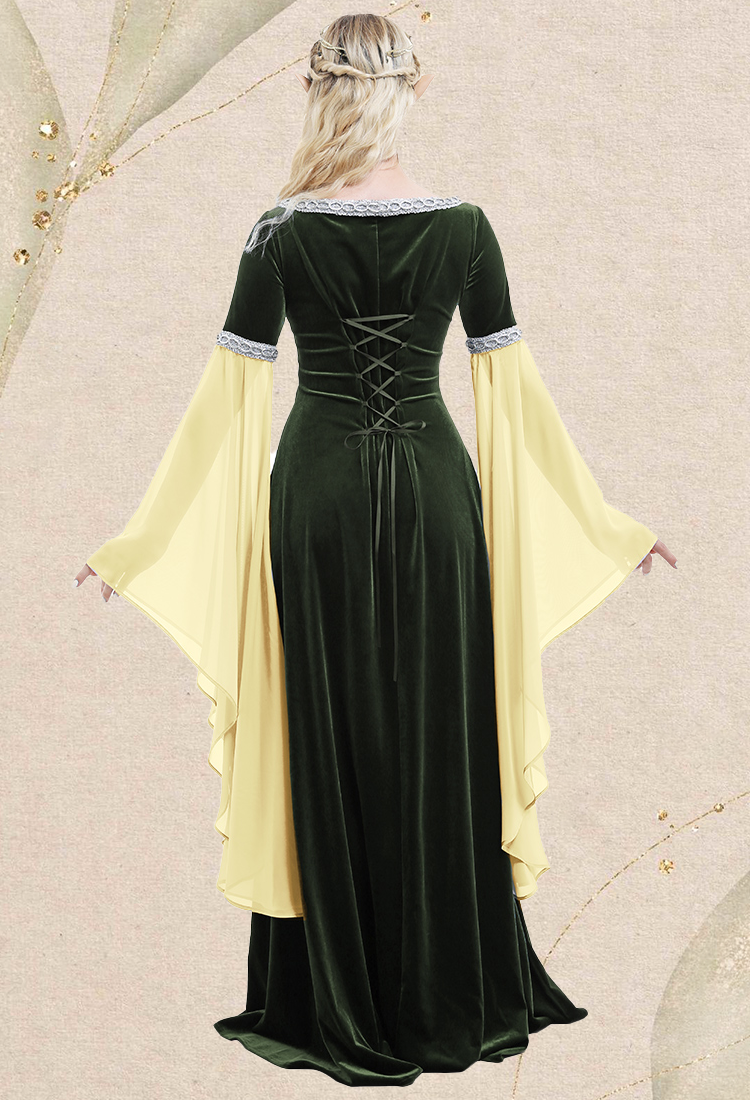 Renaissance Medieval Dress Handmade Vintage Forest Fairy Elf Velvet Back Lace-up Green Evening Dress Cosplay Costume